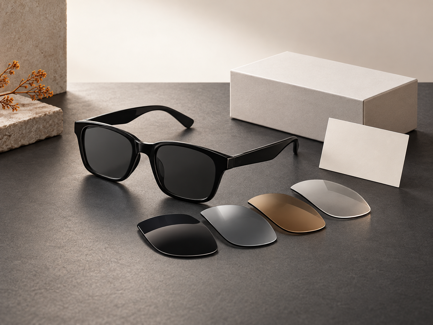 AI-generated concept of an unbranded sunglass frame, lens samples, and blank packaging.