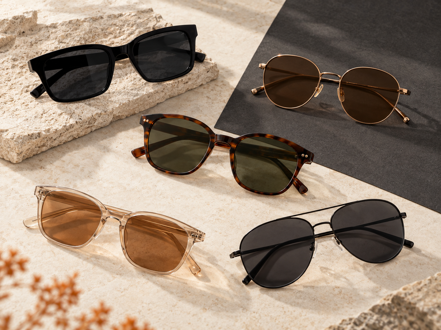 AI-generated overhead concept showing several unbranded sunglass shapes on neutral surfaces.