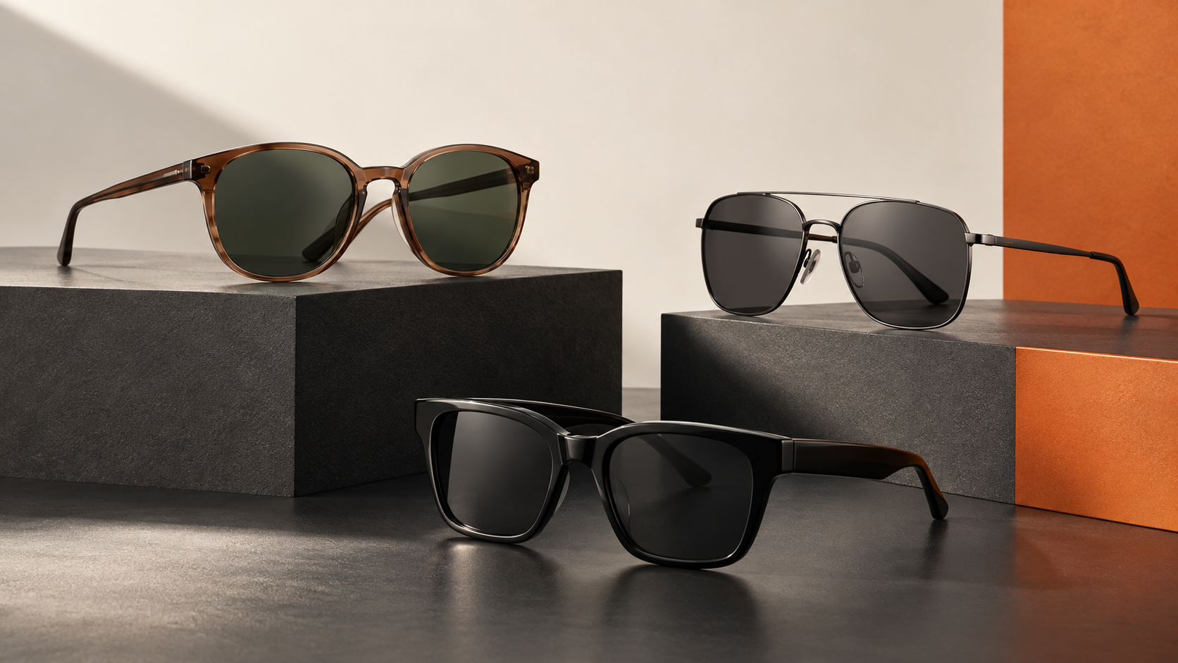 AI-generated studio concept showing three unbranded sunglass designs on dark display blocks.